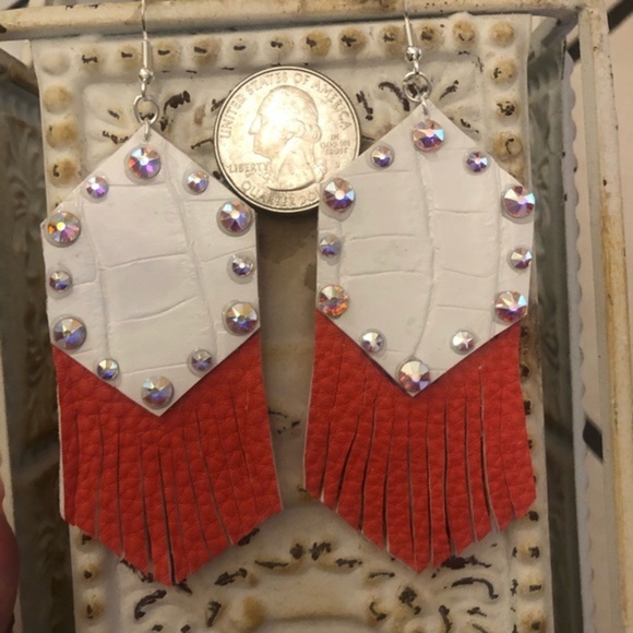 Fringe Faux Leather Rhinestone Earrings - Picture 3 of 3